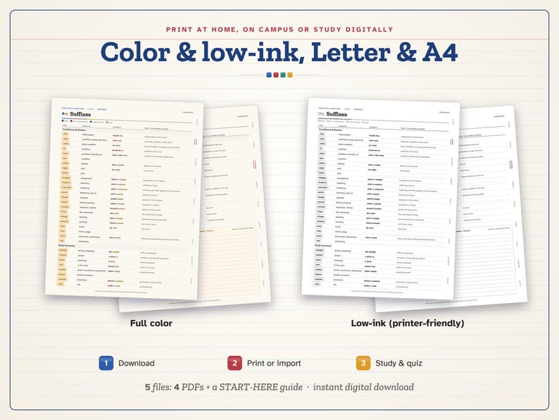 May include: A digital study guide featuring two sets of suffix charts in full color and low-ink versions. The text reads: Print at home, on campus or study digitally, Color & low-ink, Letter & A4, Suffixes, Download, Print or import, Study & quiz.