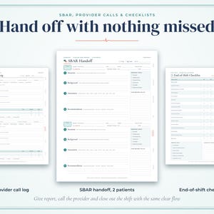 May include: A set of three medical documentation templates featuring a Provider Call Log, an SBAR Handoff for two patients, and an End-of-Shift Checklist. The documents include headers, structured fields for patient data, and organized sections for clinical communication and shift completion tasks.