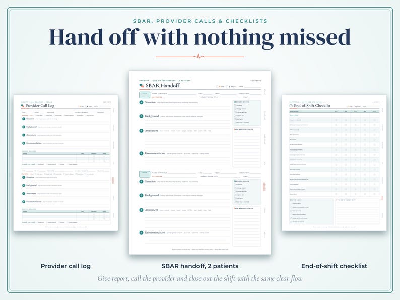 May include: A set of three medical documentation templates featuring a Provider Call Log, an SBAR Handoff for two patients, and an End-of-Shift Checklist. The documents include headers, structured fields for patient data, and organized sections for clinical communication and shift completion tasks.