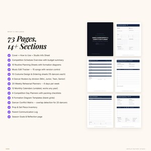 Op de afbeelding: Een danschoreografie- en competitieplanner met 73 pagina's en 14+ secties. Inclusief routineplanningsbladen, kostuumontwerpbladen, wekelijkse repetitieplanners en maandkalenders. De planner bevat ook een danserconflictmatrix en een rekwisieteninventaris.