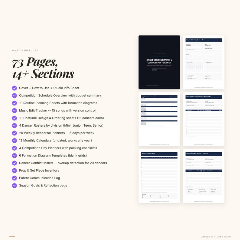 Op de afbeelding: Een danschoreografie- en competitieplanner met 73 pagina's en 14+ secties. Inclusief routineplanningsbladen, kostuumontwerpbladen, wekelijkse repetitieplanners en maandkalenders. De planner bevat ook een danserconflictmatrix en een rekwisieteninventaris.