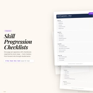 May include: A stack of white checklists against a white background, titled "Skill Progression Checklists." The checklists are organised by level range, tracking mastery from forward rolls to double backs. The top checklist is labelled "Skill Progression - Floor."