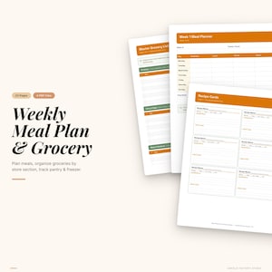 Puede incluir: Un conjunto de plantillas imprimibles para la planificaci&oacute;n de comidas y listas de compras. El dise&ntilde;o presenta una est&eacute;tica minimalista con acentos naranjas. El texto dice "Weekly Meal Plan & Grocery" y "Planifica comidas, organiza compras por secci&oacute;n de tienda, controla despensa y congelador."