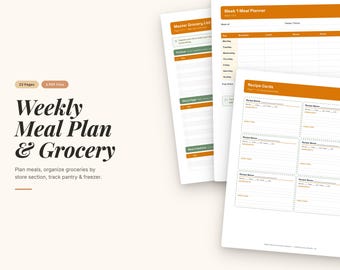 Afdrukbare maaltijdplanner | Wekelijkse boodschappenlijst | Voorraadtracker voorraadkast | Receptkaarten | Budgetvoedsel pdf