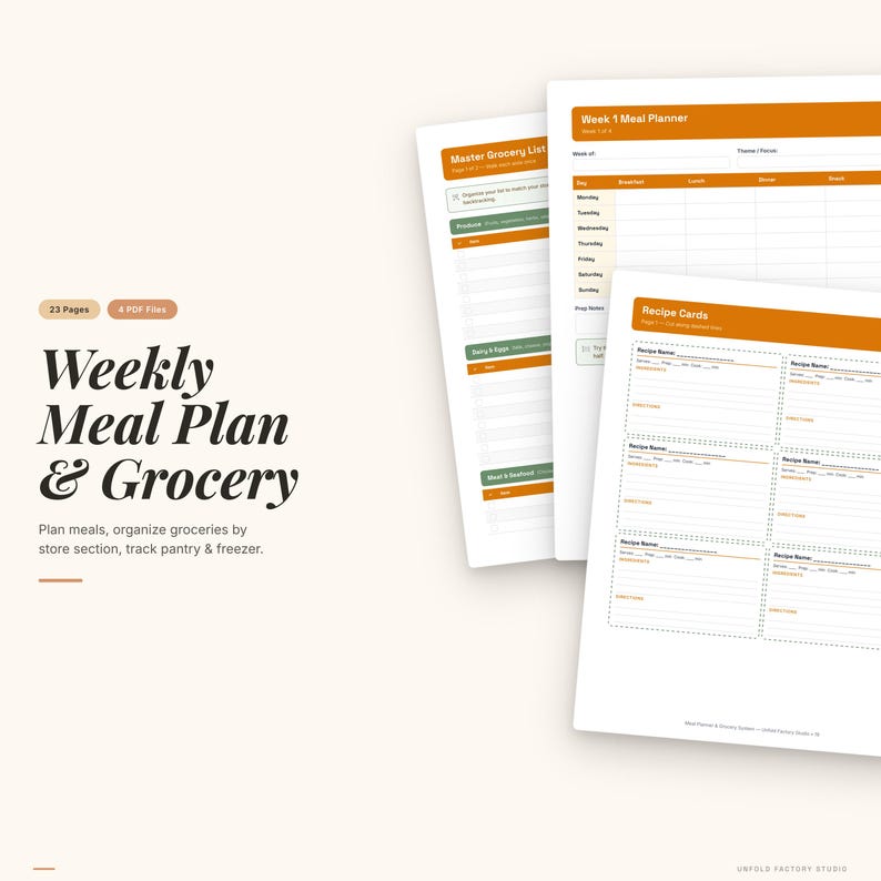 Puede incluir: Un conjunto de plantillas imprimibles para la planificaci&oacute;n de comidas y listas de compras. El dise&ntilde;o presenta una est&eacute;tica minimalista con acentos naranjas. El texto dice "Weekly Meal Plan & Grocery" y "Planifica comidas, organiza compras por secci&oacute;n de tienda, controla despensa y congelador."
