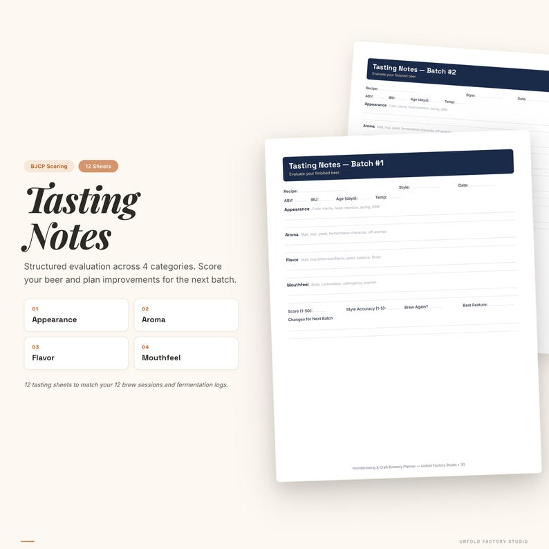 Peut inclure: Une feuille de papier blanche intitul&eacute;e "Tasting Notes" avec des cat&eacute;gories d'&eacute;valuation structur&eacute;es pour la bi&egrave;re. L'image pr&eacute;sente deux feuilles avec des champs pour la recette, l'apparence, l'ar&ocirc;me, la saveur et la sensation en bouche.