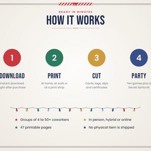Puede incluir: Un gr&aacute;fico instructivo titulado HOW IT WORKS con cuatro pasos numerados: 1 DOWNLOAD, 2 PRINT, 3 CUT y 4 PARTY. Debajo, una cadena de luces navide&ntilde;as de colores precede a puntos que indican grupos de 4 a 50+ compa&ntilde;eros, 47 p&aacute;ginas imprimibles, en persona, h&iacute;brido o en l&iacute;nea, y no se env&iacute;a ning&uacute;n art&iacute;culo f&iacute;sico.
