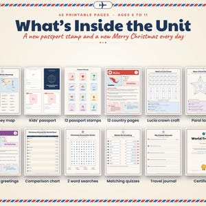 May include: A printable educational unit titled What's Inside the Unit with 45 pages for ages 5 to 11. It includes a journey map, kids' passport, 12 passport stamps, 12 country pages, Lucia crown craft, Parol lantern, maps, greetings, charts, word searches, quizzes, a travel journal, and a certificate.