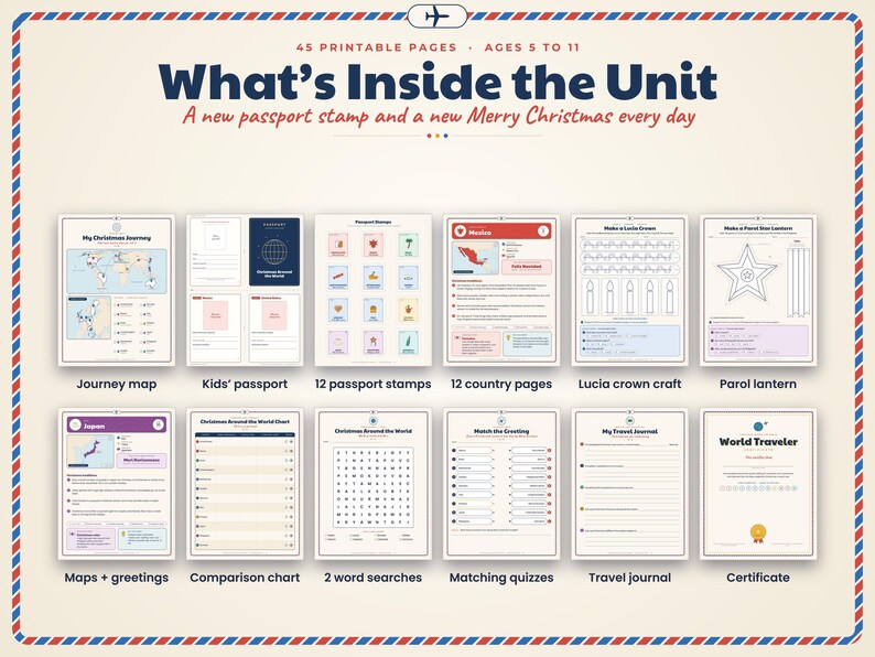 May include: A printable educational unit titled What's Inside the Unit with 45 pages for ages 5 to 11. It includes a journey map, kids' passport, 12 passport stamps, 12 country pages, Lucia crown craft, Parol lantern, maps, greetings, charts, word searches, quizzes, a travel journal, and a certificate.