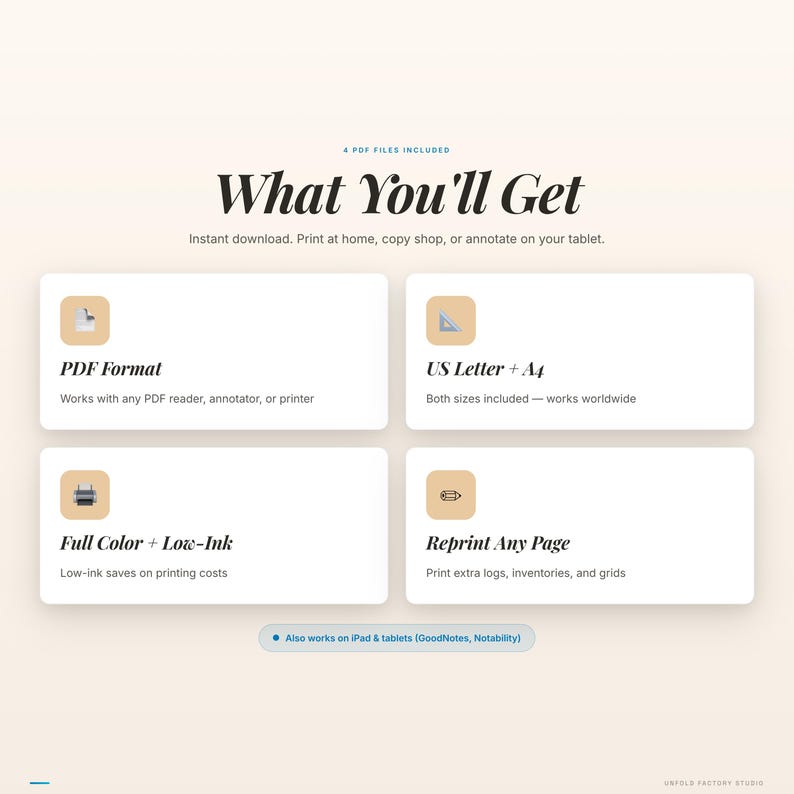 May include: A digital product advertisement with the headline "What You'll Get." The image highlights PDF format, US Letter + A4 sizes, full color and low-ink options, and the ability to reprint any page. It also mentions compatibility with iPad and tablets.