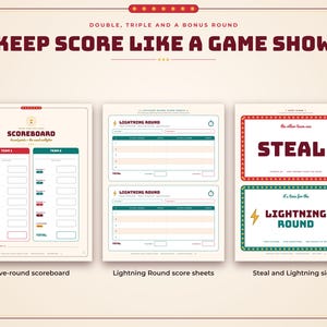 May include: A game show scorekeeping set featuring a five-round scoreboard, lightning round score sheets, and signs labeled STEAL and LIGHTNING ROUND. The design uses a cream background with red, teal, and dark brown text and borders.