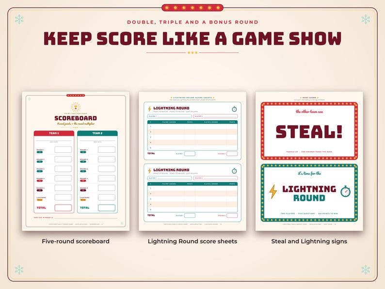 May include: A game show scorekeeping set featuring a five-round scoreboard, lightning round score sheets, and signs labeled STEAL and LIGHTNING ROUND. The design uses a cream background with red, teal, and dark brown text and borders.