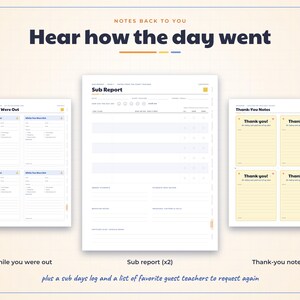 May include: A digital planner set featuring a Sub Report page, four While You Were Out forms, and four Thank-You Notes. The text includes "Notes Back To You," "Hear how the day went," "Sub Report," "While You Were Out," and "Thank you!"