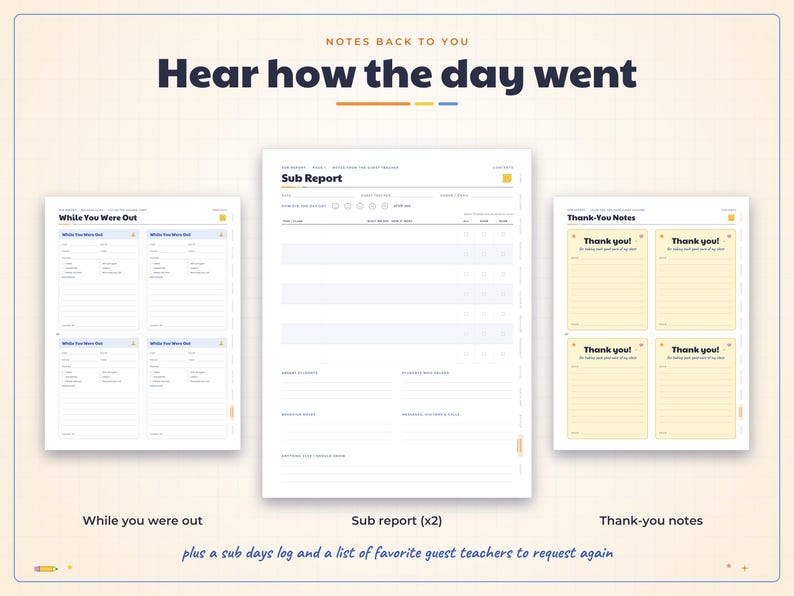 May include: A digital planner set featuring a Sub Report page, four While You Were Out forms, and four Thank-You Notes. The text includes "Notes Back To You," "Hear how the day went," "Sub Report," "While You Were Out," and "Thank you!"
