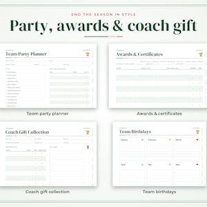 Może przedstawiać: Zestaw cyfrowych planer&oacute;w zawierający cztery r&oacute;żne szablony zatytułowane Team Party Planner, Awards & Certificates, Coach Gift Collection oraz Team Birthdays. Każda biała strona zawiera uporządkowane pola, pola wyboru i małe ikony trofe&oacute;w.