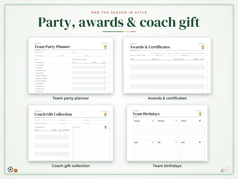 Może przedstawiać: Zestaw cyfrowych planer&oacute;w zawierający cztery r&oacute;żne szablony zatytułowane Team Party Planner, Awards & Certificates, Coach Gift Collection oraz Team Birthdays. Każda biała strona zawiera uporządkowane pola, pola wyboru i małe ikony trofe&oacute;w.