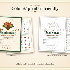 May include: A Thanksgiving Family Game Pack printable set featuring a full-color version and a printer-friendly low-ink version. Each sheet displays a turkey graphic, the title text, and a list of ten games, accompanied by smaller game cards.