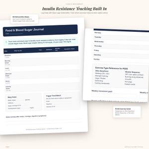 May include: A digital food and blood sugar journal with sections for meal tracking, daily totals, and a trigger food watch. The journal includes exercise type references for PCOS and a weekly movement goal section. The text reads "Insulin Resistance Tracking Built In."