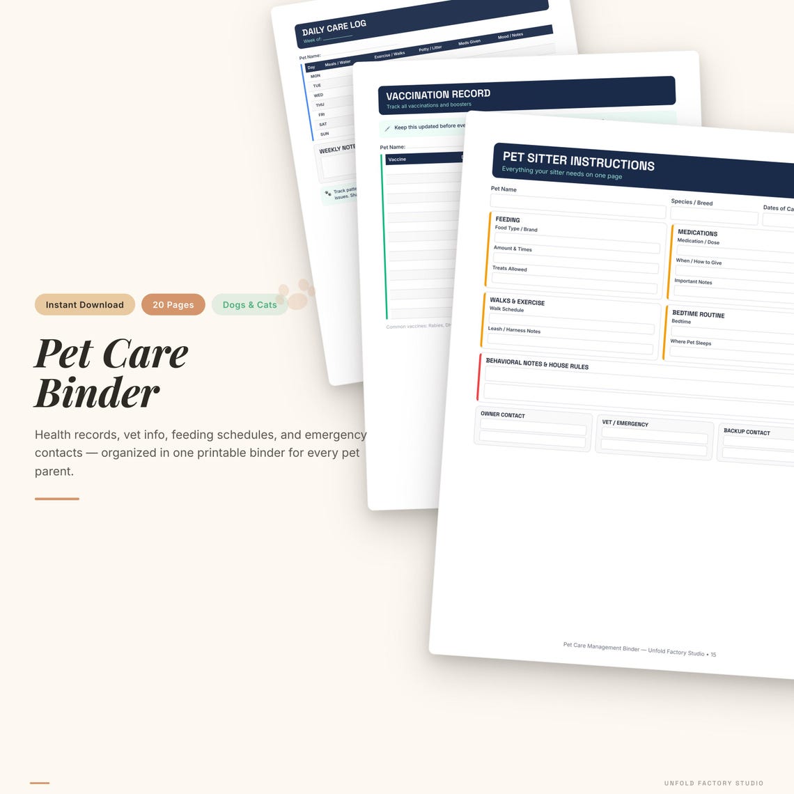 Pet Care Management Binder