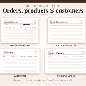 May include: A digital planner layout featuring four distinct sections titled Orders, products & customers. The pages include January Sales & Orders, Product & Inventory List, Customer List, and Suppliers & Vendors with organized table columns.