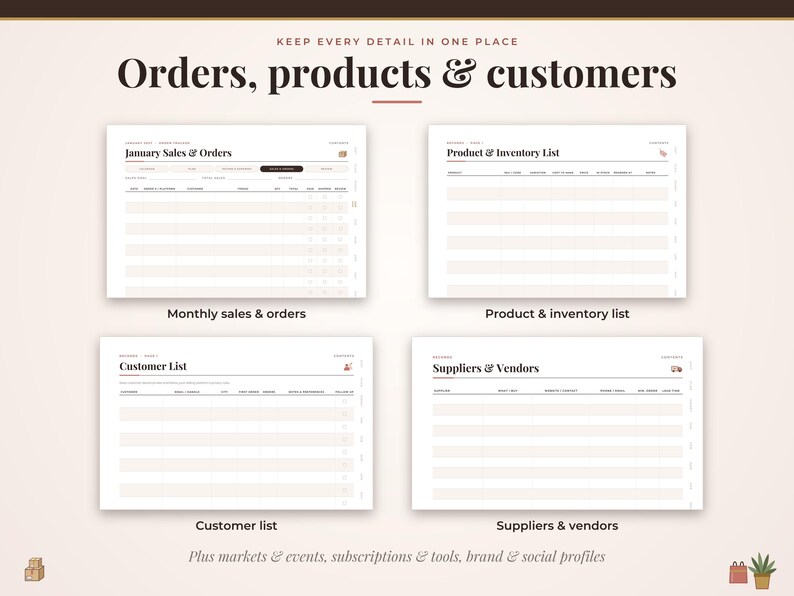 May include: A digital planner layout featuring four distinct sections titled Orders, products & customers. The pages include January Sales & Orders, Product & Inventory List, Customer List, and Suppliers & Vendors with organized table columns.
