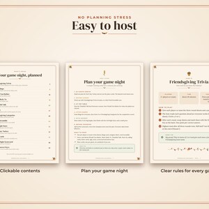 May include: A set of three printable game sheets with a cream background and brown text. The sheets are titled No Planning Stress Easy to Host, Your game night, planned, Plan your game night, and Friendsgiving Trivia, featuring game instructions.