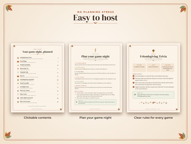 May include: A set of three printable game sheets with a cream background and brown text. The sheets are titled No Planning Stress Easy to Host, Your game night, planned, Plan your game night, and Friendsgiving Trivia, featuring game instructions.