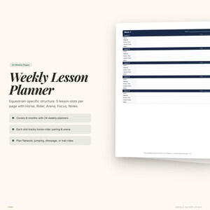 Pu&ograve; includere: Un pianificatore di lezioni settimanali con il testo "Weekly Lesson Planner" e "24 Weekly Pages". Il pianificatore &egrave; progettato per l'equitazione, con spazio per i dettagli delle lezioni, gli abbinamenti cavallo-cavaliere e le informazioni sull'arena. Copre 6 mesi.