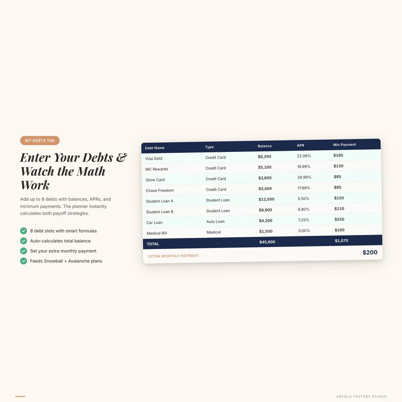 May include: A digital planner interface with a debt management theme. The screen displays a table with debt details, including debt name, type, balance, APR, and minimum payment. Text on the left side reads "Enter Your Debts & Watch the Math Work."