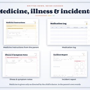 May include: A digital planner page titled Medicine, illness & incidents featuring four forms: Medicine Instructions, Medication Log, Illness & Symptom Notes, and Incident Report. The layout includes lines for data entry and a body diagram.