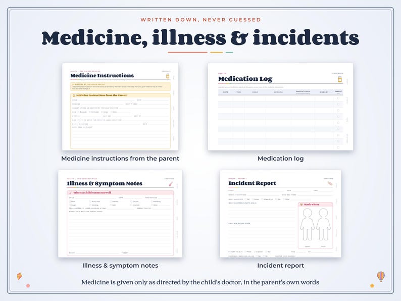 May include: A digital planner page titled Medicine, illness & incidents featuring four forms: Medicine Instructions, Medication Log, Illness & Symptom Notes, and Incident Report. The layout includes lines for data entry and a body diagram.