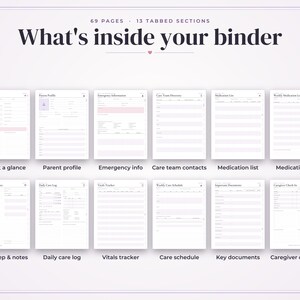 May include: A digital binder organizer with 69 pages and 13 tabbed sections titled What's inside your binder. It displays twelve white printable templates including Care at a glance, Parent profile, Emergency info, Care team contacts, Medication list, Medication log, Visit prep and notes, Daily care log, Vitals tracker, Care schedule, Key documents, and Caregiver check-in.