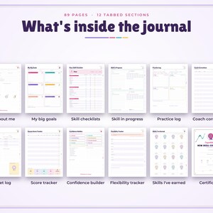 May include: A digital journal layout featuring 89 pages and 12 tabbed sections. The display shows twelve distinct page templates including All About Me, My Big Goals, Skill Checklists, Skill in Progress, Practice Log, Coach Corrections, Meet Log, Score Tracker, Confidence Builder, Flexibility Tracker, Skills I've Earned, and Certificates.
