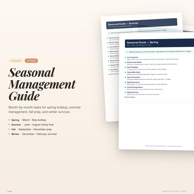 May include: A Seasonal Management Guide with text detailing month-by-month tasks for spring, summer, autumn, and winter. The guide includes a list of tasks for each season, with a focus on spring buildup, summer management, autumn prep, and winter survival. Two pages are visible.