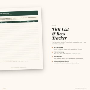 以下が含まれることがあります： 白い背景に、TBRリストとおすすめのトラッカー。テキストには「60 TBRエントリ」、「優先順位付け」、「所有ステータス」、「おすすめ元」が含まれています。読みたい本を整理するためのリストです。