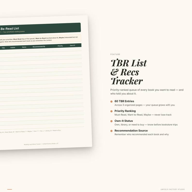 以下が含まれることがあります： 白い背景に、TBRリストとおすすめのトラッカー。テキストには「60 TBRエントリ」、「優先順位付け」、「所有ステータス」、「おすすめ元」が含まれています。読みたい本を整理するためのリストです。