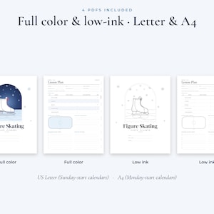May include: A digital lesson plan set for figure skating featuring four PDF files in full color and low-ink versions. The pages include a graphic of a white ice skate inside an archway, text reading Figure Skating, and structured fields for notes.