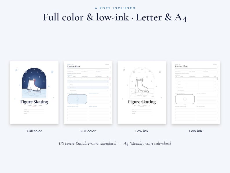 May include: A digital lesson plan set for figure skating featuring four PDF files in full color and low-ink versions. The pages include a graphic of a white ice skate inside an archway, text reading Figure Skating, and structured fields for notes.