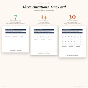 K&ouml;nnte beinhalten: Grafik mit dem Text &bdquo;W&auml;hle deine Herausforderung&ldquo; und &bdquo;Drei Zeitr&auml;ume, ein Ziel&ldquo;. Sie zeigt drei digitale Kalender-Tracker f&uuml;r 7-, 14- und 30-Tage-Herausforderungen, jeweils mit einem anderen Ziel.