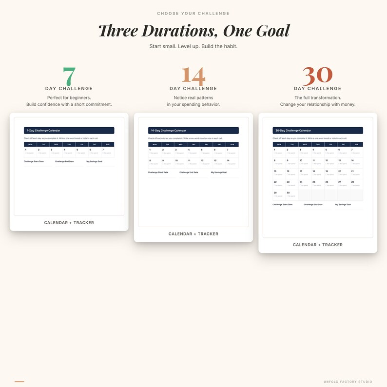 K&ouml;nnte beinhalten: Grafik mit dem Text &bdquo;W&auml;hle deine Herausforderung&ldquo; und &bdquo;Drei Zeitr&auml;ume, ein Ziel&ldquo;. Sie zeigt drei digitale Kalender-Tracker f&uuml;r 7-, 14- und 30-Tage-Herausforderungen, jeweils mit einem anderen Ziel.