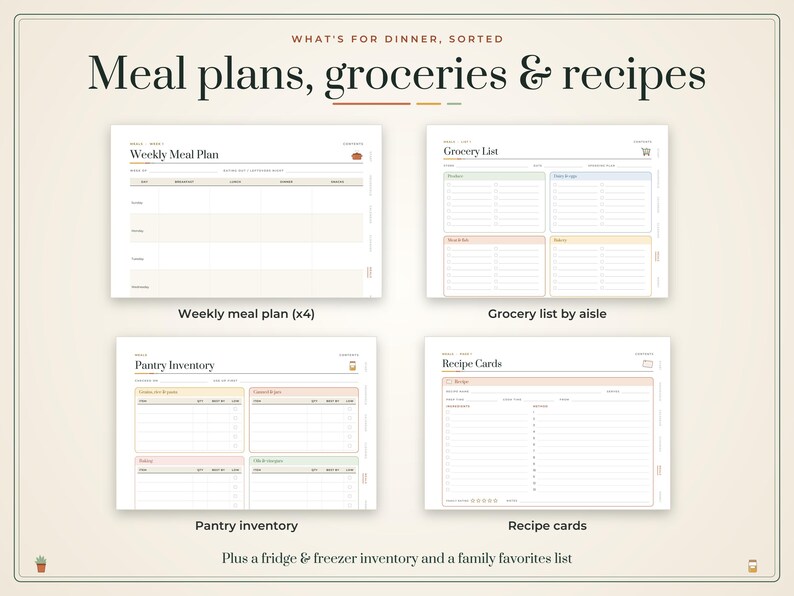 Puede incluir: Un conjunto de planificaci&oacute;n de comidas digital que incluye un plan de comidas semanal, lista de compras por pasillo, inventario de despensa y tarjetas de recetas. El dise&ntilde;o incluye encabezados de texto para cada secci&oacute;n en formato de cuadr&iacute;cula.