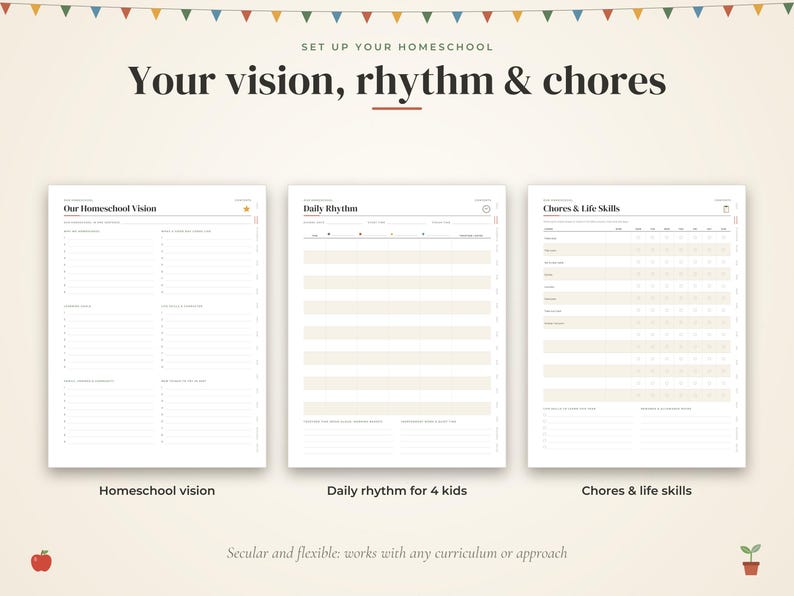 May include: Three white printable planner pages with black text. The headers read Set up your homeschool, Your vision, rhythm & chores, Our Homeschool Vision, Daily Rhythm, and Chores & Life Skills. The pages feature lined sections and tables.