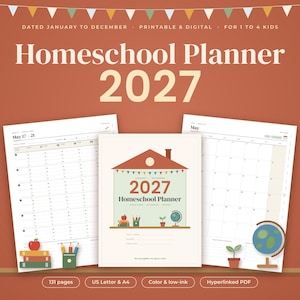 May include: A 2027 homeschool planner digital template featuring a central cover page with a house illustration, flanked by two open planner pages showing weekly and monthly layouts. The design includes text reading 2027 Homeschool Planner.