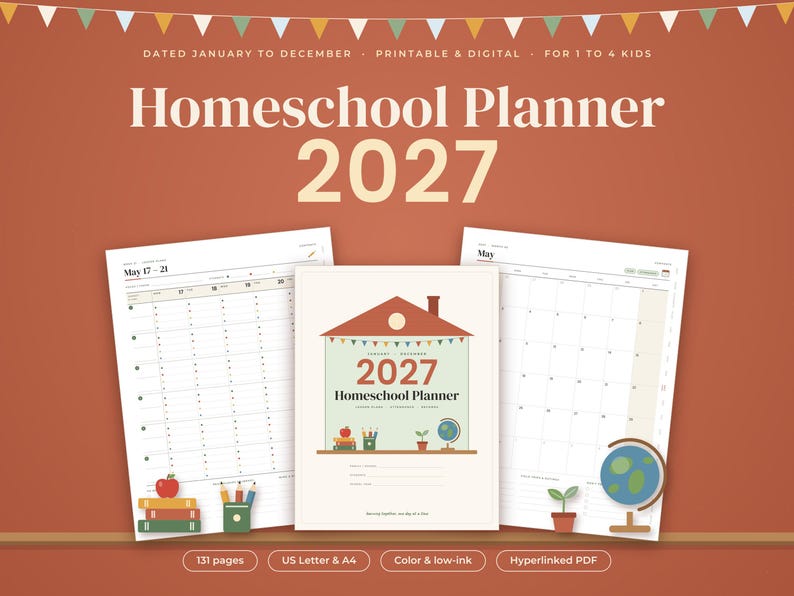 May include: A 2027 homeschool planner digital template featuring a central cover page with a house illustration, flanked by two open planner pages showing weekly and monthly layouts. The design includes text reading 2027 Homeschool Planner.