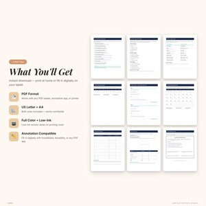 K&ouml;nnte beinhalten: Digitale Planervorlagen, die auf Tablets angezeigt werden. Das Bild zeigt verschiedene Seiten, darunter To-Do-Listen und Kalender. Text auf der linken Seite hebt Funktionen wie PDF-Format, US Letter- und A4-Gr&ouml;&szlig;en, Vollfarb- und Low-Ink-Optionen sowie Anmerkungskompatibilit&auml;t hervor.
