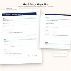 K&ouml;nnte beinhalten: Ein wei&szlig;er t&auml;glicher Tracker mit dem Text "Track Every Single Day" und Aufforderungen zur Aufzeichnung von Versuchungen, Handlungen und Stimmungen. Der Tracker enth&auml;lt Abschnitte f&uuml;r eine 7-Tage-Herausforderung und Reflexionsaufforderungen. Das Design ist sauber und minimalistisch.