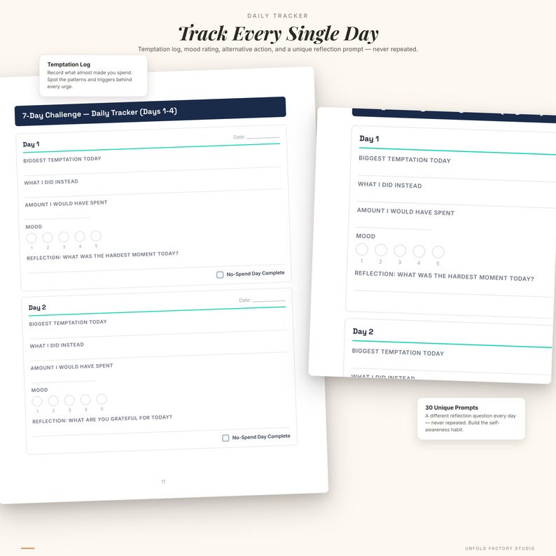 K&ouml;nnte beinhalten: Ein wei&szlig;er t&auml;glicher Tracker mit dem Text "Track Every Single Day" und Aufforderungen zur Aufzeichnung von Versuchungen, Handlungen und Stimmungen. Der Tracker enth&auml;lt Abschnitte f&uuml;r eine 7-Tage-Herausforderung und Reflexionsaufforderungen. Das Design ist sauber und minimalistisch.