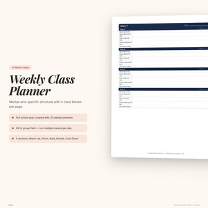 May include: A weekly class planner with a martial arts structure. The planner includes 30 weekly pages, with 4 class blocks per page. Features include a full school year covered, fill-in group fields, and 5 sections: Warm-Up, Kihon, Kata, Kumite, and Cool-Down.