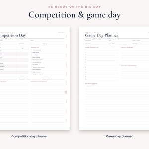 Op de afbeelding: Twee witte digitale plannerpagina's met zwarte tekst. De linkerpagina is getiteld Competition Day en bevat secties voor tijdlijn, paklijst en juryfeedback. De rechterpagina is getiteld Game Day Planner met secties voor bestellingen, gedachten en prestaties.