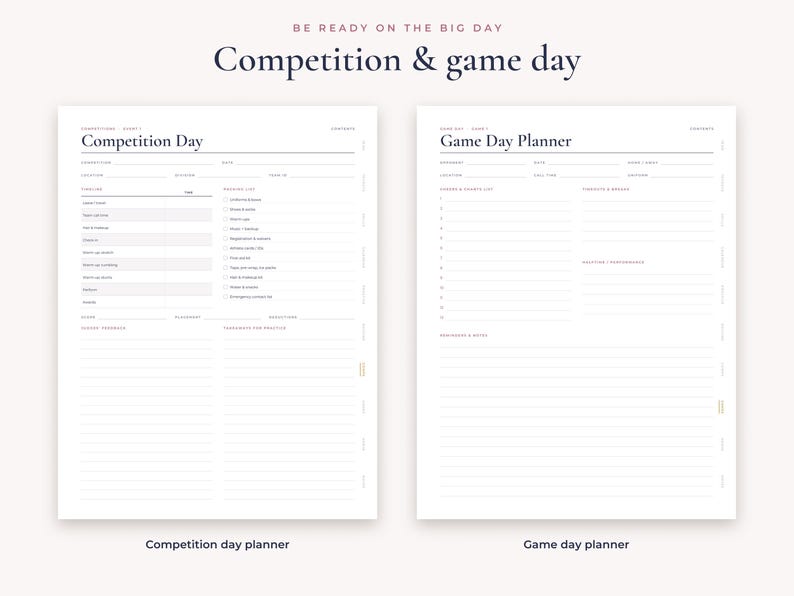 Op de afbeelding: Twee witte digitale plannerpagina's met zwarte tekst. De linkerpagina is getiteld Competition Day en bevat secties voor tijdlijn, paklijst en juryfeedback. De rechterpagina is getiteld Game Day Planner met secties voor bestellingen, gedachten en prestaties.